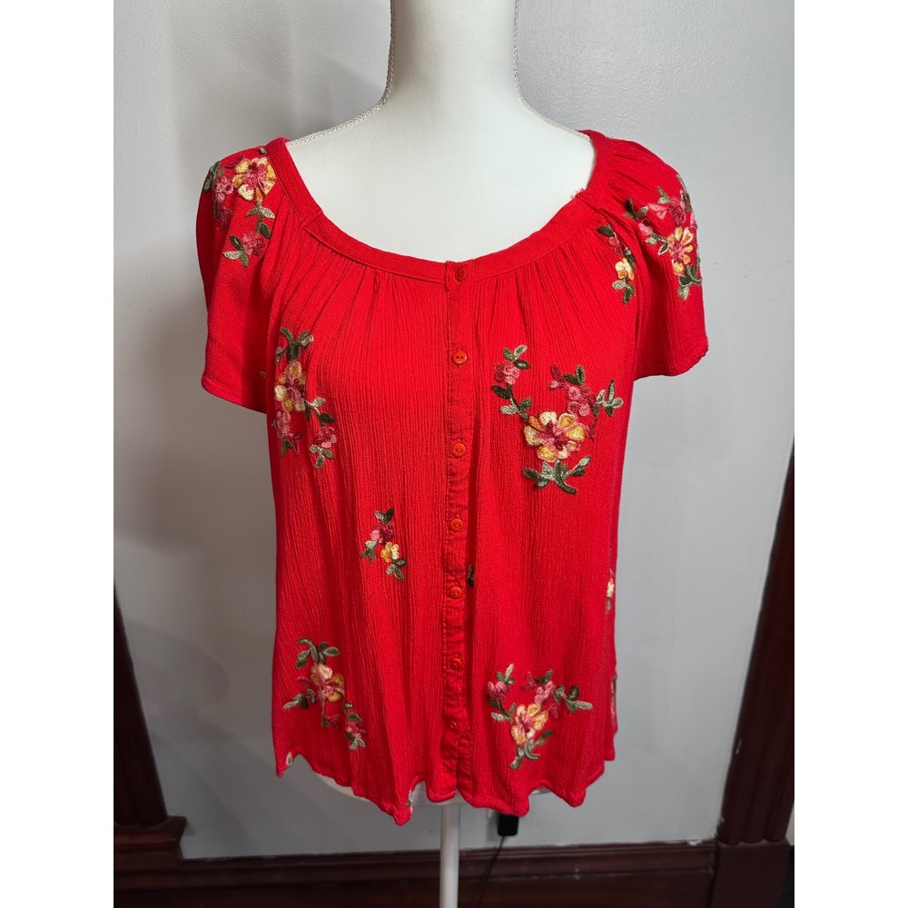 LIV Los Angeles Red Floral Embroidered Button Front Rayon Blouse XL SB1282